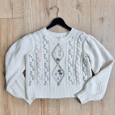 Love Shack Fancy Leni Wool Embroidered Cable Knit Sweater, XSmall