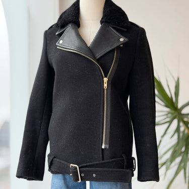 Sandro Wool & Leather Biker Jacket As Is small tear in sleeve linging, 36 / Small