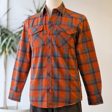 LL Bean Signature Orange Plaid Snap Up Flannel, Men's Small