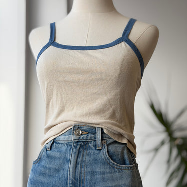 Mollusk Ivory & Blue Trim Crop Tank Top, Medium