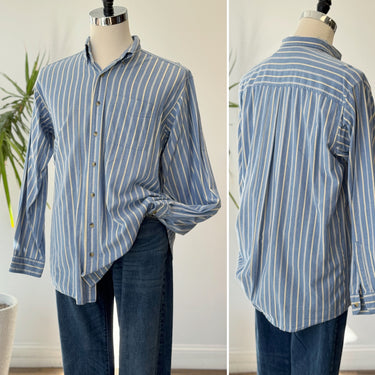 LL Bean Blue Vertical Striped Button Down, Men's Large Tall