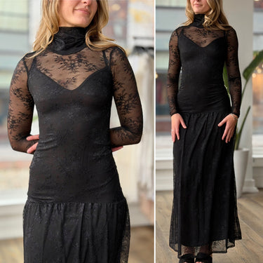AFRM Black Lace Mock Neck Dress, XSmall