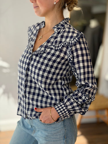 The Shirt Rochelle Behrens Blue Plaid Ruffle Blouse, XSmall