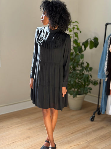 Ganni NWT Black Sheer Ruffle Mini Dress, Small