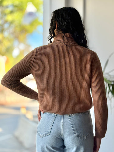 Jenni Kayne Wool Cashmere Crop Turtleneck Sweater in Dark Camel, XSmall