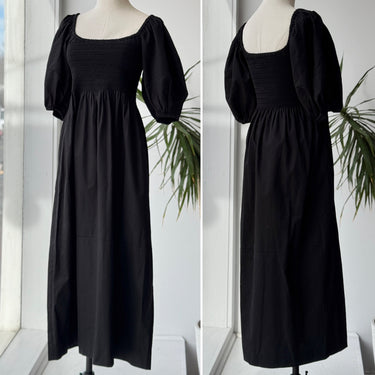La Ligne Black Smocked Puff Sleeve Midi Dress, XLarge
