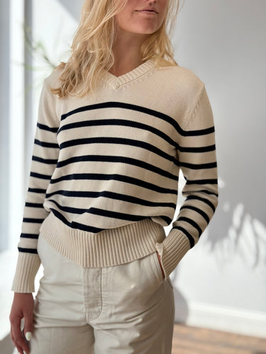 Jenni Kayne Cotton Kate V-Neck Sweater in Ivory/Navy Stripe, XSmall