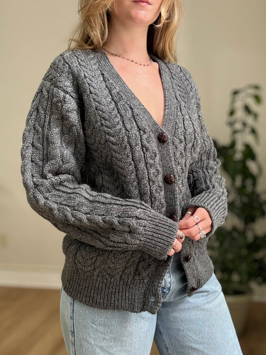 LL Bean Grey Wool Cableknit Cardigan , Small