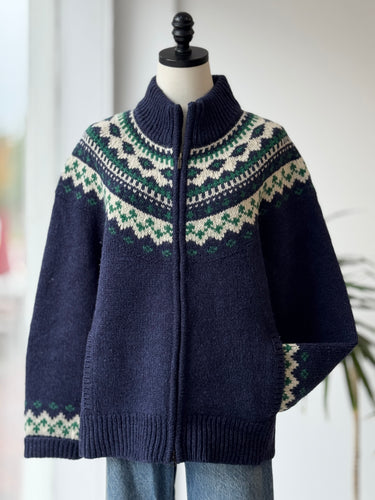 LL Bean Navy Fair Isle Wool Zip Cardigan, Large