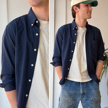 Wool & Prince Plaid Blue Down Shirt, Men's Small