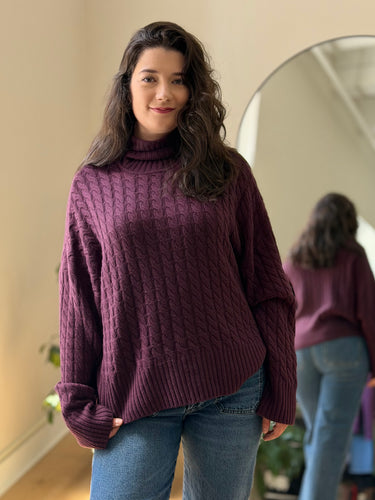 Favorite Daugher Plum Cable Knit Turtleneck Sweater, Large