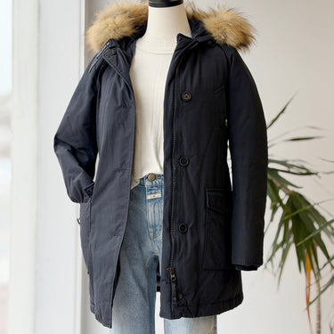Woolrich Arctic Parka in Ramar Cloth in Navy Down Coat w/ Raccoon Fur Hood, XSmall