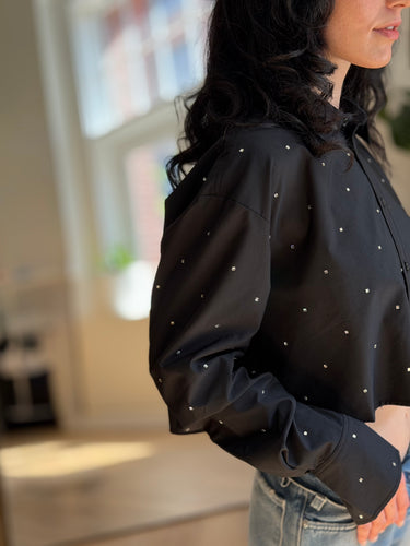 The Noli Shop NWT Cropped Button Up in Black Rhinestone, XSmall