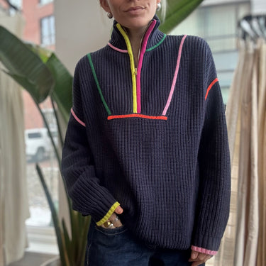 Staud Hampton Oversized Navy Rainbow Sweater, Small