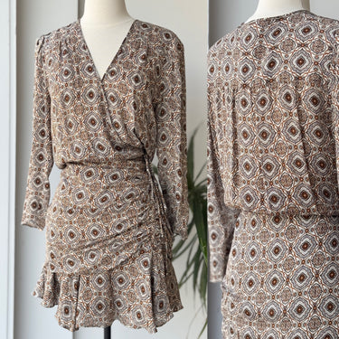 Veronica Beard Alamo Long Sleeve Print Silk Dress in Rust Medallion, 8