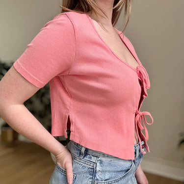 Lisa Say Gah Pink Tie Front Ribbed Top, Large
