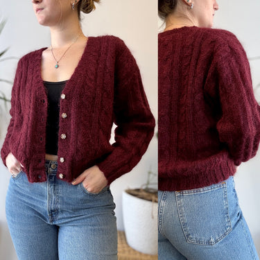 JG Hook Vintage Burgundy Cable Knit Mohair Cardigan, Medium