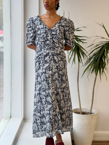 Sea NY Suzie Ruched Midi Dress in Blue & White Floral, Medium