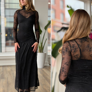 AFRM Black Lace Mock Neck Dress, XSmall