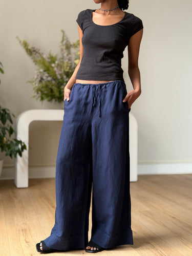 ONIA Navy Linen Wide Leg Pants, XSmall