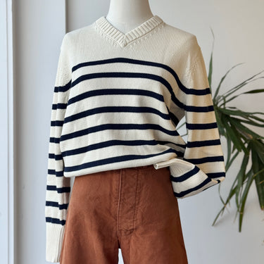 Jenni Kayne Cotton Kate V-Neck Sweater in Ivory/Navy Stripe, XSmall