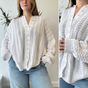 Mr Mittens Pointelle Lightweight Knit Cotton Cardigan in White, M/L