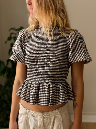 Zara NWT Brown Gingham Blouse, Medium