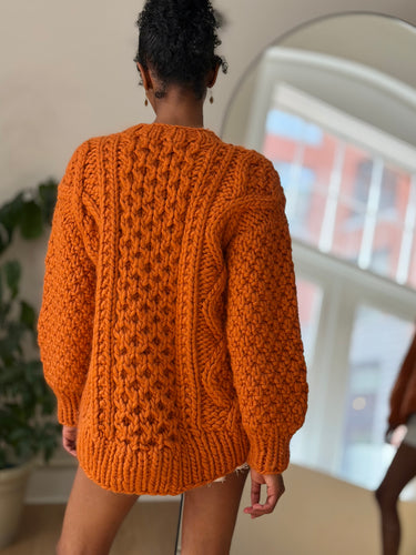 Mr Mittens Aran Crew Neck Wool Sweater in Terracotta, XS/S