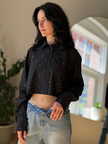 The Noli Shop NWT Cropped Button Up in Black Rhinestone, XSmall