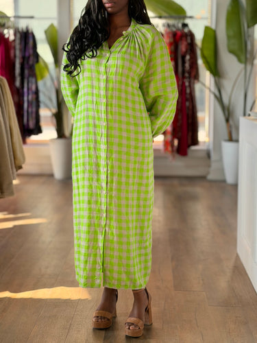 Henrik Vibskov Spring Green Leaf Checkered Linen Dress, Large