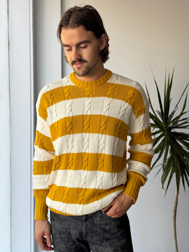 Sulka London Mustard Stripe Cotton Cable Knit Sweater, Men's Large