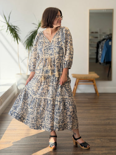 The Great Tassel Tie Blouson Dress in Mariner Blue Island Floral, fits S/M