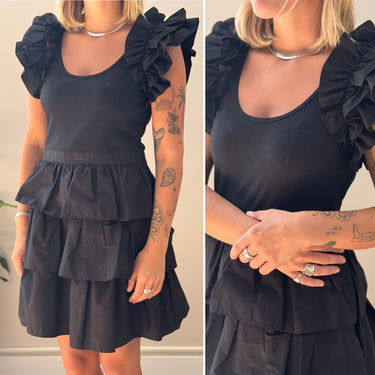 Ulla Johnson Black Ribbed Tiered Dress, 6