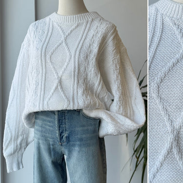 Isle of Cotton Made in USA White Cable Knit Sweater, XLarge