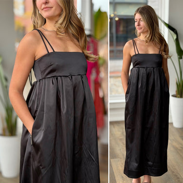 Ganni Black Double Satin String Long Dress NWT Retail $445, 36 / 4