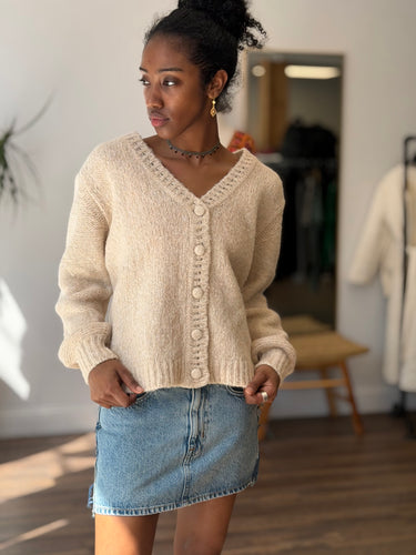 Love Shack Fancy Oat V-Neck Cardigan, XSmall
