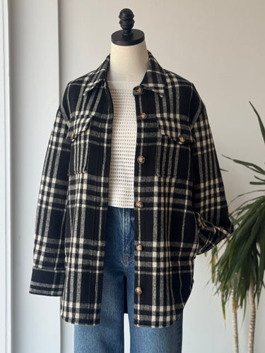 Reformation Giles Black & White Plaid Shirt Jacket, XSmall