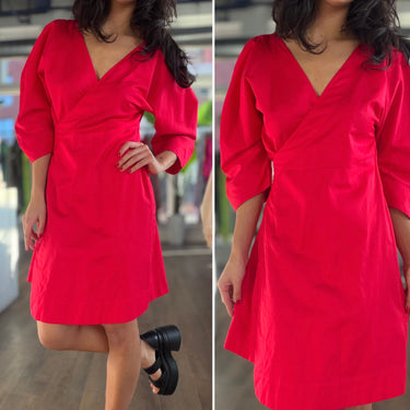 Mara Hoffman Red Puff Sleeve Wrap Dress, Small