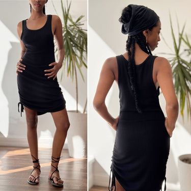 Reformation Black Ribbed Side Ruch Bodycon Dress, Small