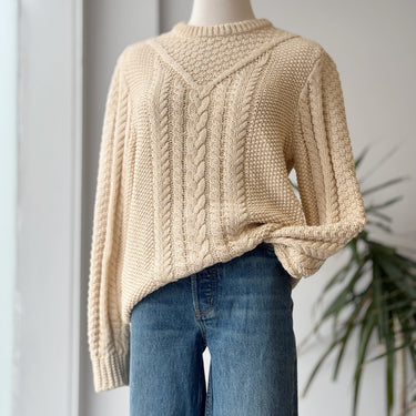 LL Bean Signature Ecru Cotton Cable Knit Fisherman Sweater, Small