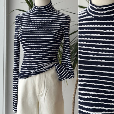 La Ligne Navy Ruffle Stripe Mock Neck Long Sleeve Top, Small