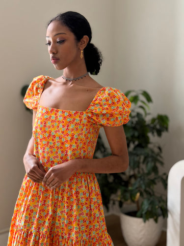 Caroline Constas Orange Floral Tiered Dress, Small