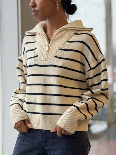La Ligne  1/4 Zip 100% Wool Striped Sweater, XSmall