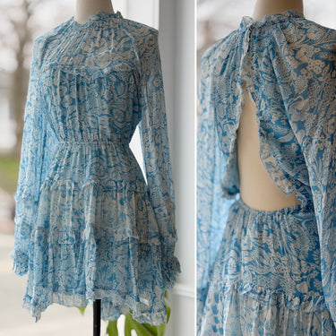 Anthropologie NWT Blue Floral Ruffle Open Back Mini Dress, Medium