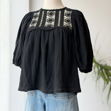 Saylor Black Gauze Crochet Detail Top, XSmall