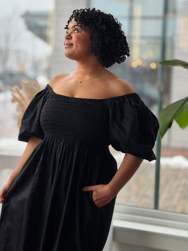 La Ligne Black Smocked Puff Sleeve Midi Dress, XLarge