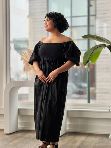 La Ligne Black Smocked Puff Sleeve Midi Dress, XLarge