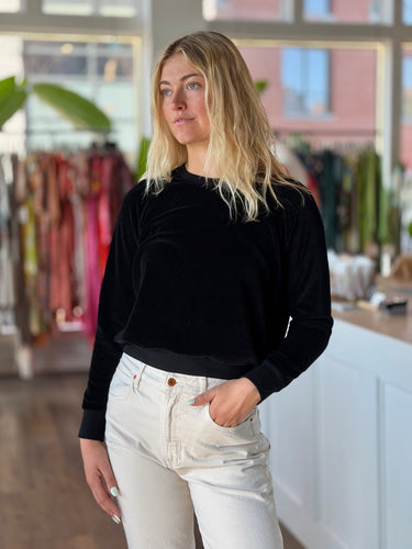 Perfect White Tee Black Velour Crewneck, Small