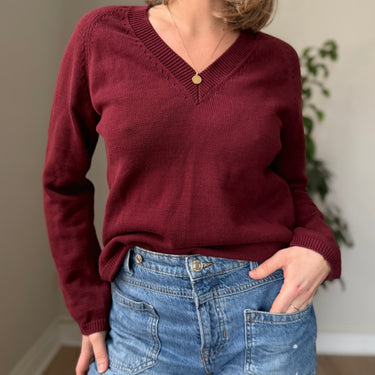 Djerf Avenue Burgundy V Neck Sweater, XSmall