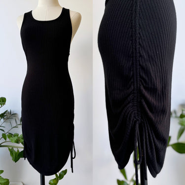 Reformation Black Ribbed Side Ruch Bodycon Dress, Small